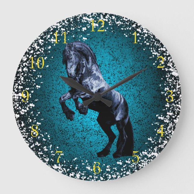 Reloj Redondo Grande Caballo frisio, belleza negra, nieve, granito azul (Anverso)