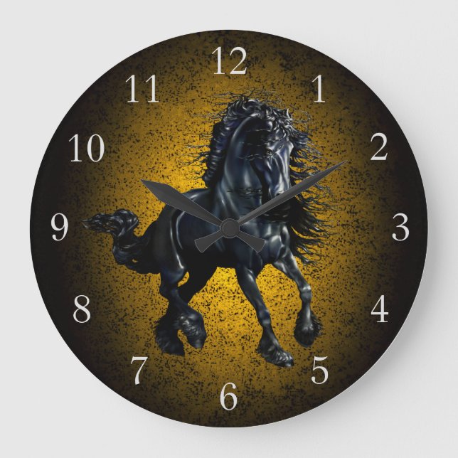 Reloj Redondo Grande Caballo frisio, granito negro del oro de la (Anverso)