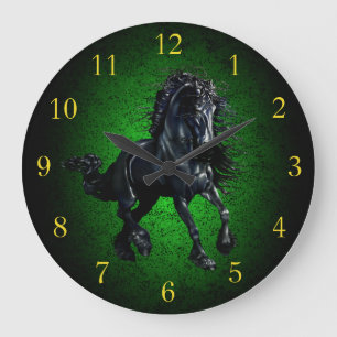 Reloj Redondo Grande Caballo frisio/granito negro del verde de la