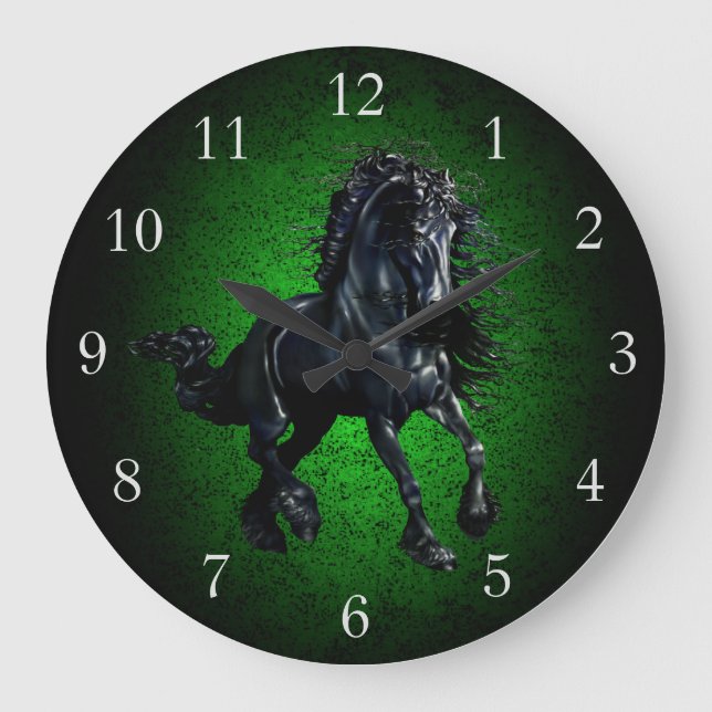 Reloj Redondo Grande Caballo frisón/estallido negro belleza granito ver (Anverso)