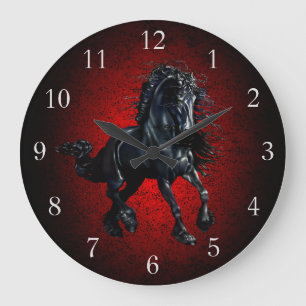 Reloj Redondo Grande Caballo frisón, granito rojo de estallido negro
