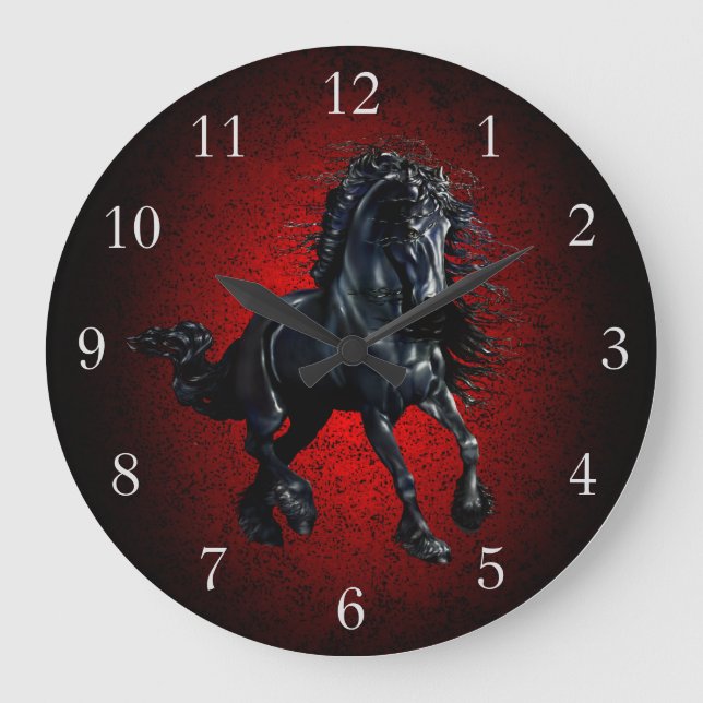 Reloj Redondo Grande Caballo frisón, granito rojo de estallido negro (Anverso)