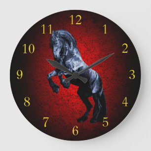 Reloj Redondo Grande Caballo frisón, granito rojo de estallido negro