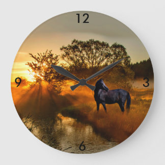 Reloj Redondo Grande Caballo negro al amanecer o al atardecer