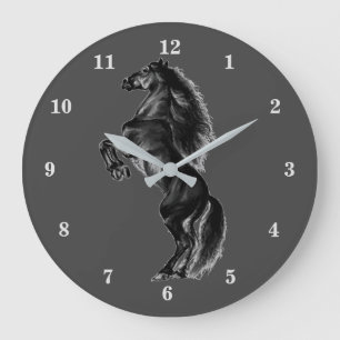 Reloj Redondo Grande Caballo salvaje negro vertical - Dibujo en blanco 