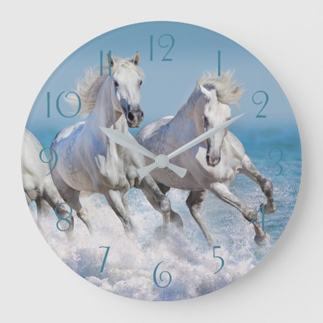 Reloj Redondo Grande Caballos blancos andaluces corren en las olas (Anverso)