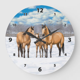Reloj Redondo Grande Caballos De Cuero De Cuello En Nieve