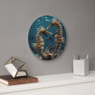 Reloj Redondo Grande Caballos De Mar Bajo El Océano,