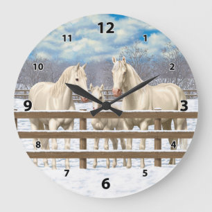 Reloj Redondo Grande Caballos del Cuartel Blanco En Nieve