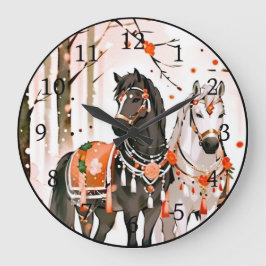 Reloj Redondo Grande Caballos en un bosque rojo