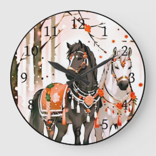 Reloj Redondo Grande Caballos en un bosque rojo