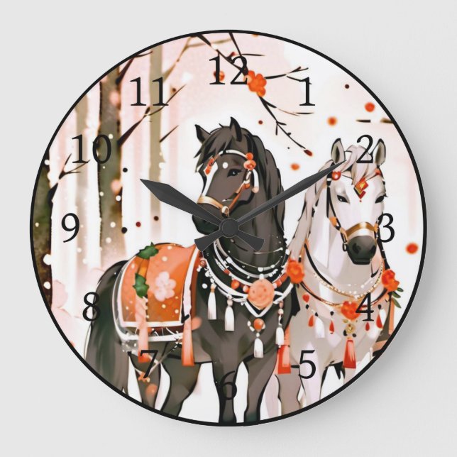 Reloj Redondo Grande Caballos en un bosque rojo (Anverso)