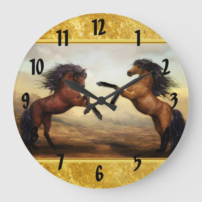 Reloj Redondo Grande Caballos Friesianos Borde en un valle rocoso (Anverso)