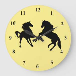 Reloj Redondo Grande Caballos Negros - Elegir / Añadir Su Texto / Color