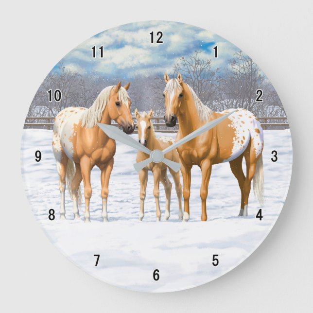 Reloj Redondo Grande Caballos Palomino Appaloosa En Nieve (Anverso)