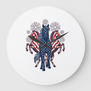 Reloj Redondo Grande Caballos Patrióticos Diseño Vectorial de Fuegos Ar