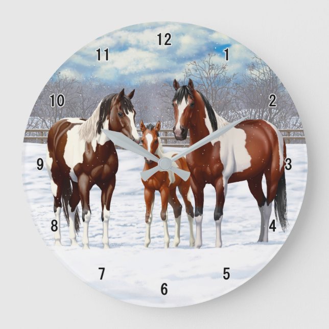 Reloj Redondo Grande Caballos Pinto De Bay En Nieve De Invierno (Anverso)