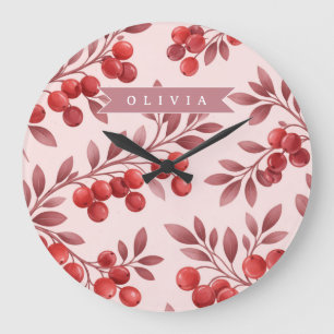 Reloj Redondo Grande Cabaña Botánica Personalizada de Bayas Rojas de In