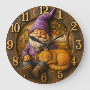 Reloj Redondo Grande Cabaña de gnomo y gato durmiendo