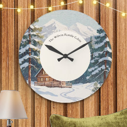 Reloj Redondo Grande Cabaña Familiar Rústica de Campo Escena de Nieve N