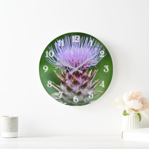 Reloj Redondo Grande Cabeza de Cardo Alcachofa Morada Floral