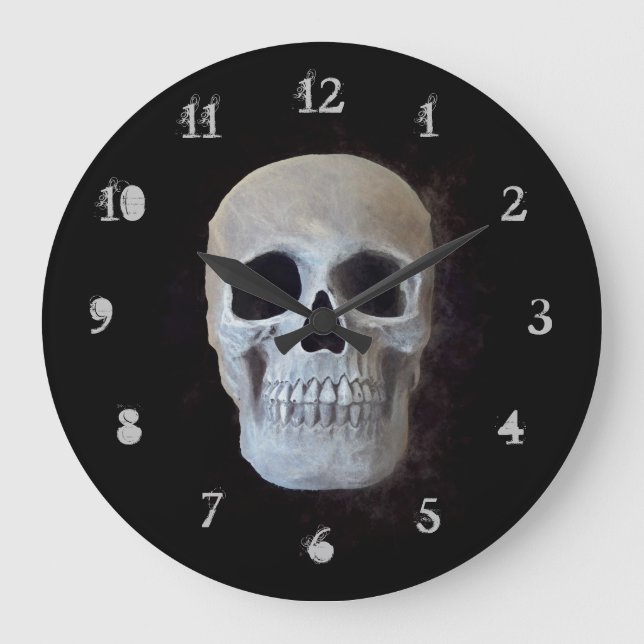 Reloj Redondo Grande Cabeza de cráneo Negro Blanco Gótico Spooky Guay (Anverso)