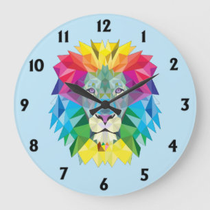 Reloj Redondo Grande Cabeza de león arcoiris geométrica con números neg