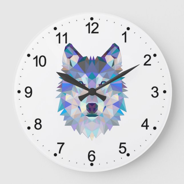 Reloj Redondo Grande Cabeza de lobo geométrica poligonal (Anverso)