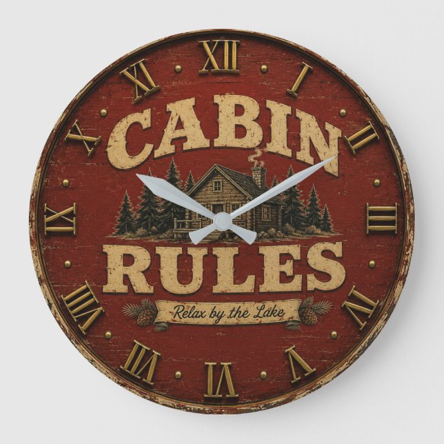 Reloj Redondo Grande Cabin Rules Rustic Lake Cabin (Anverso)