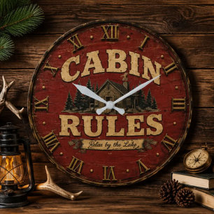 Reloj Redondo Grande Cabin Rules Rustic Lake Cabin