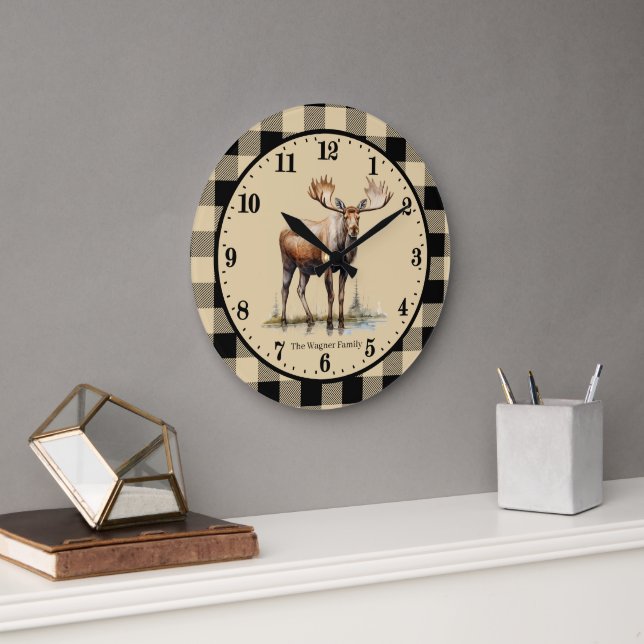 Reloj Redondo Grande Cabina Cute Moose añadir nombre de familia (Oficina)
