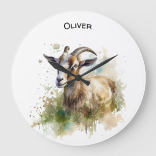 Reloj Redondo Grande cabra en un personalizable de acuarela de pasto ve