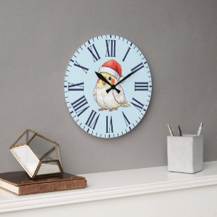 Reloj Redondo Grande Cacatúa de Navidad con sombrero de Santa