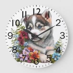 Reloj Redondo Grande Cachorro adorable de Husky siberiano