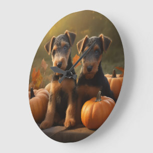 Reloj Redondo Grande Cachorro Airedale Otoño Delicia Calabaza