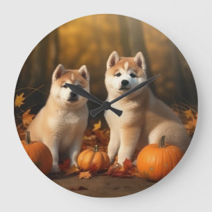 Reloj Redondo Grande Cachorro Akita Otoño Delicia Calabaza