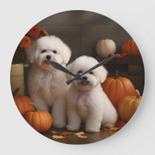 Reloj Redondo Grande Cachorro Bichon Frise Delicia de Otoño Calabaza 