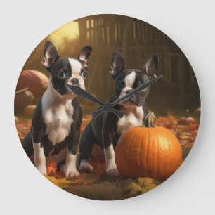 Reloj Redondo Grande Cachorro Boston Terrier Otoño Delicia Calabaza