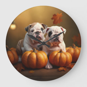 Reloj Redondo Grande Cachorro Bulldog Otoño Delicia Calabaza