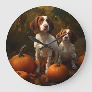 Reloj Redondo Grande Cachorro de Brittany Spaniel Otoño Delicia Calabaz