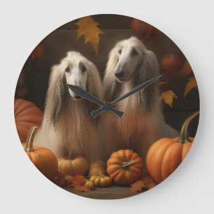 Reloj Redondo Grande Cachorro de galgo afgano Otoño Delicia Calabaza