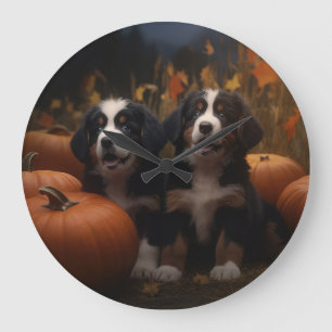 Reloj Redondo Grande Cachorro de montaña bernesa Otoño Delicia Calabaza