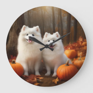 Reloj Redondo Grande Cachorro Eskimo Americano Otoño Delicia Calabaza