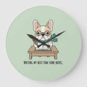 Reloj Redondo Grande Cachorro francés adorable escribiendo novela verde
