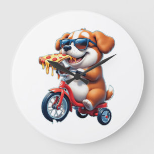 Reloj Redondo Grande cachorro montando una bicicleta comiendo pizza