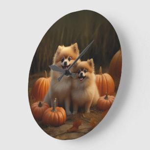 Reloj Redondo Grande Cachorro Pomerania Delicia de Otoño Calabaza