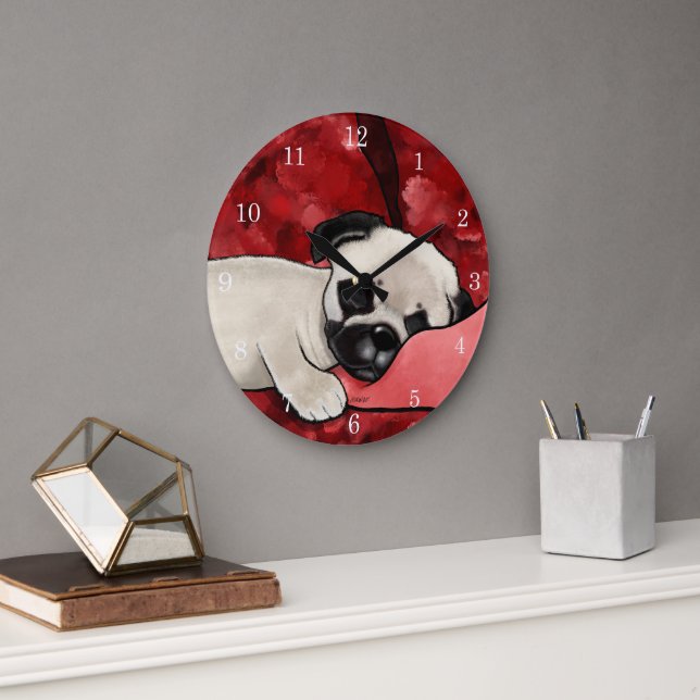 Reloj Redondo Grande Cachorro Pug somnoliento (Oficina)