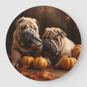 Reloj Redondo Grande Cachorro Shar Pei Delicia de Otoño Calabaza