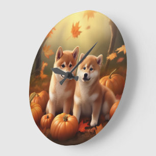 Reloj Redondo Grande Cachorro Shiba Inu Delicia de Otoño Calabaza
