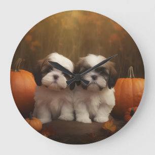 Reloj Redondo Grande Cachorro Shih Tzu Delicia de Otoño Calabaza 